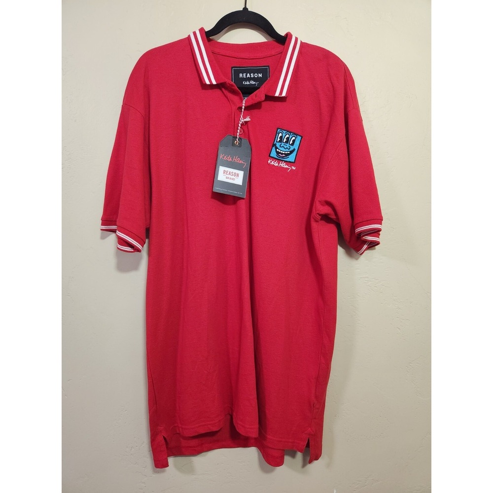 Keith Haring X Reason Mens Red Short Sleeve Collared Polo Shirt Size Large